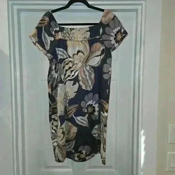 Sud Express 100% Cotton Peasant Floral Tunic Dress Blue Gray Size Large - Picture 2 of 9